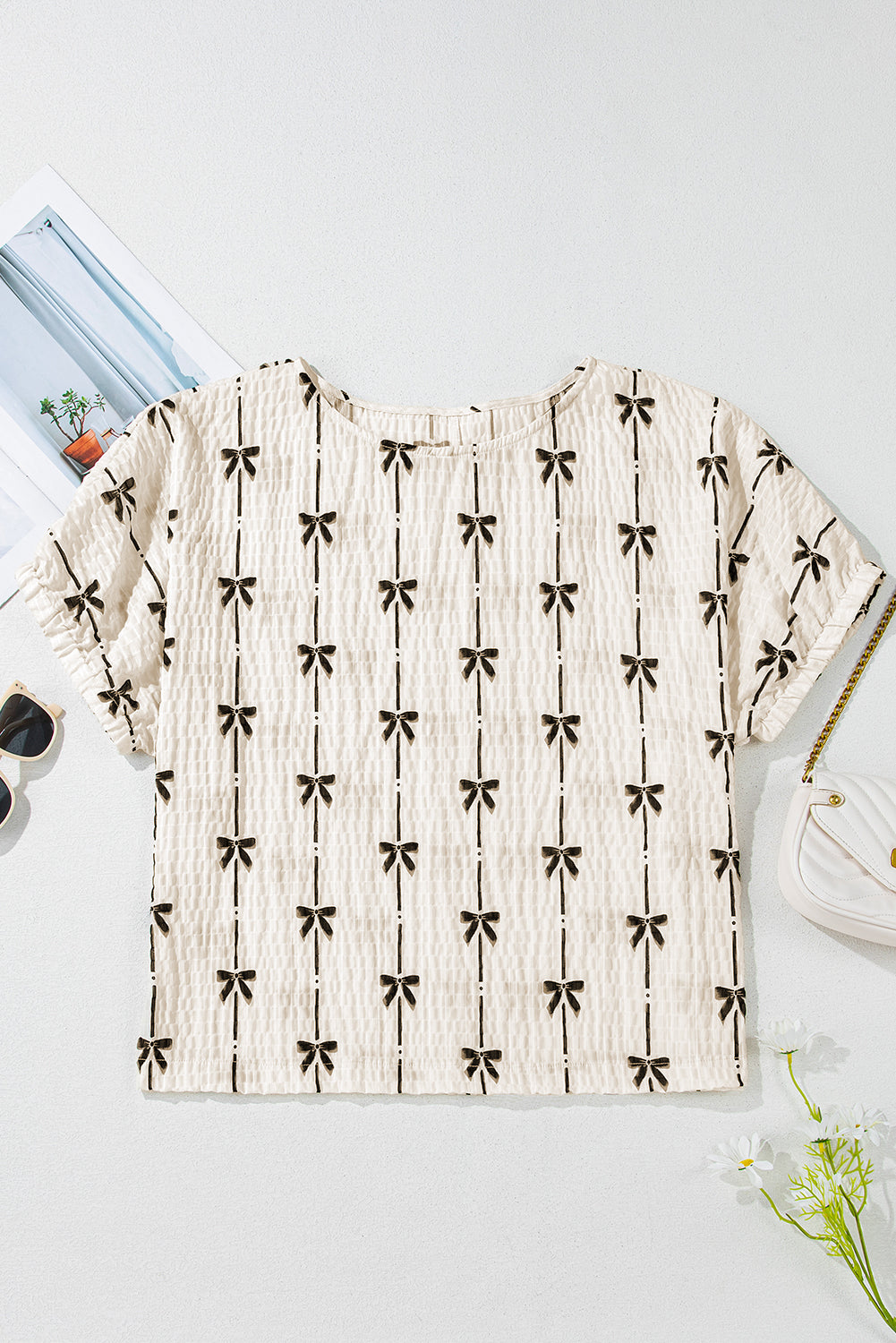 Aviana Bow Print Puff Short Sleeve Top - Threaded Pear