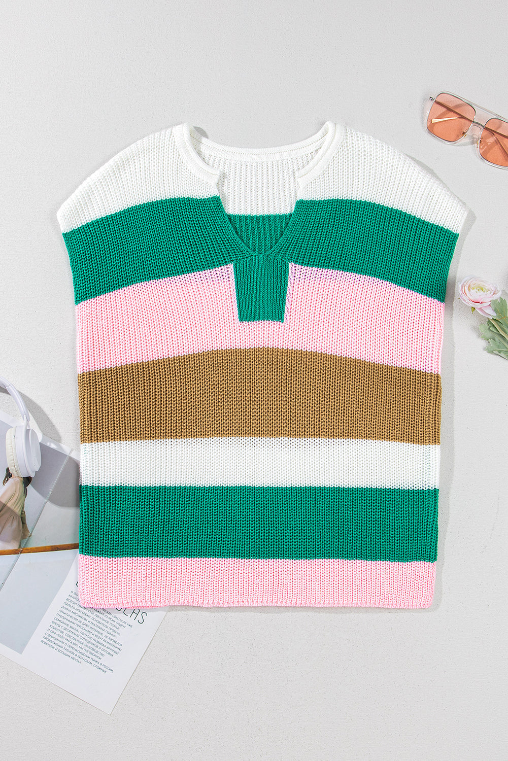 Elliot Color Block Notch V Neck Sweater Top - Threaded Pear