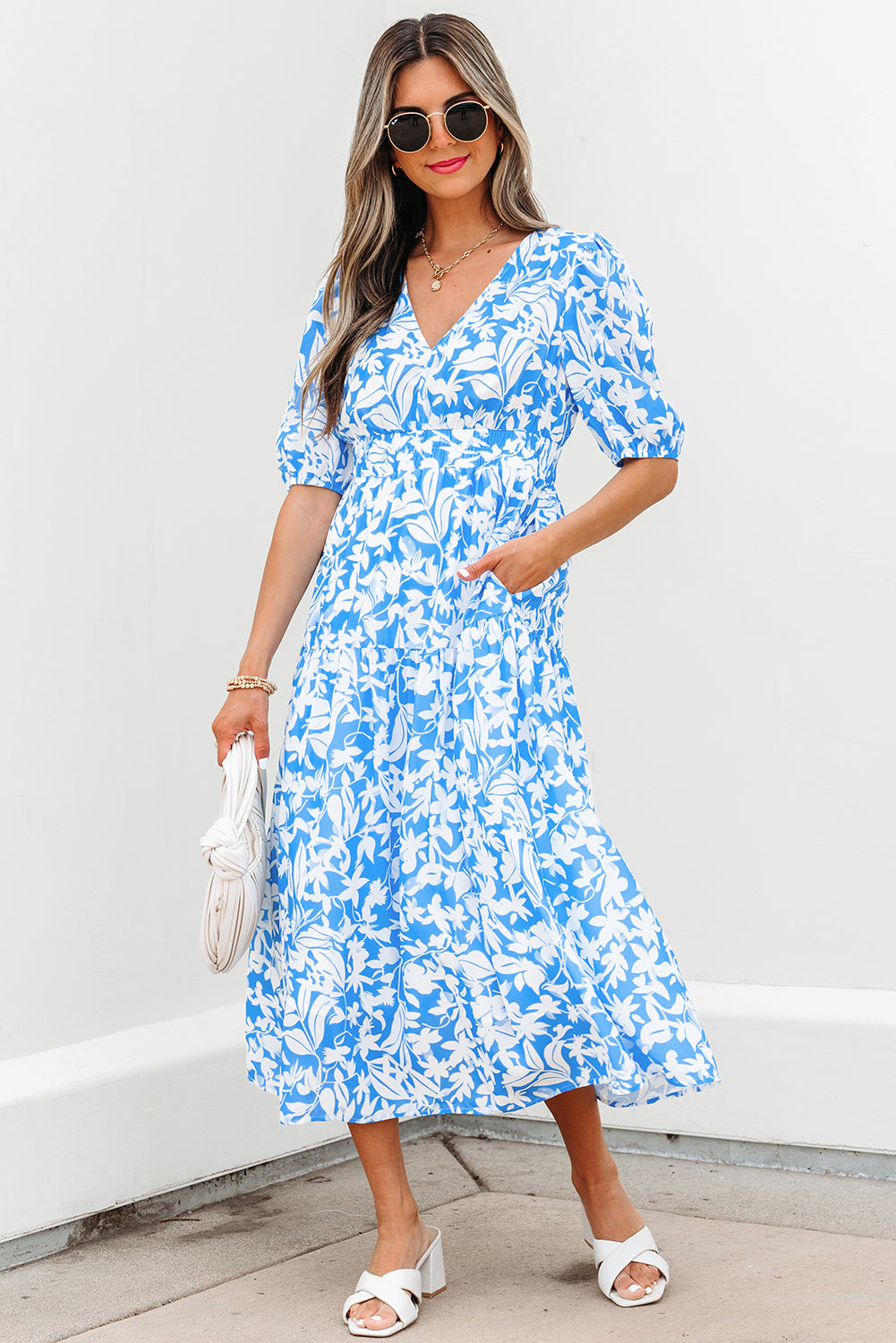 Shannon Floral V Neck Long Dress - Threaded Pear