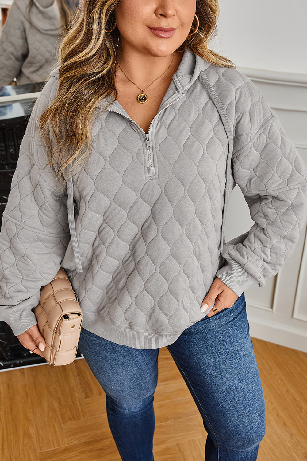 Gray Quilted Quarter Zip Plus Size Hoodie - Threaded Pear