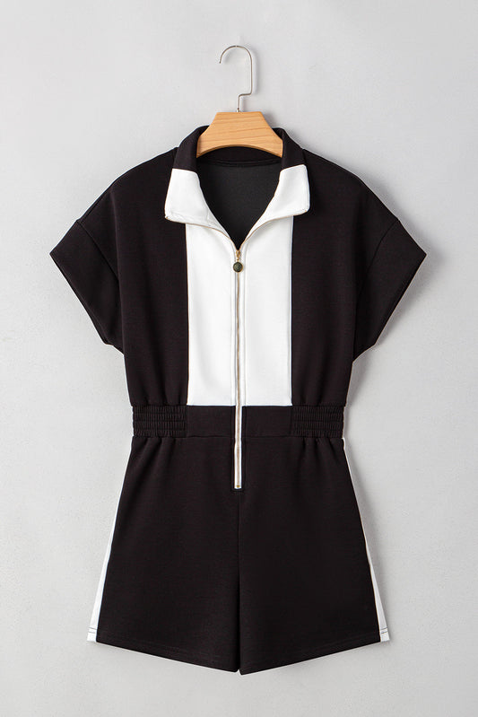 Olivia Patchwork Zip Front Romper - Threaded Pear