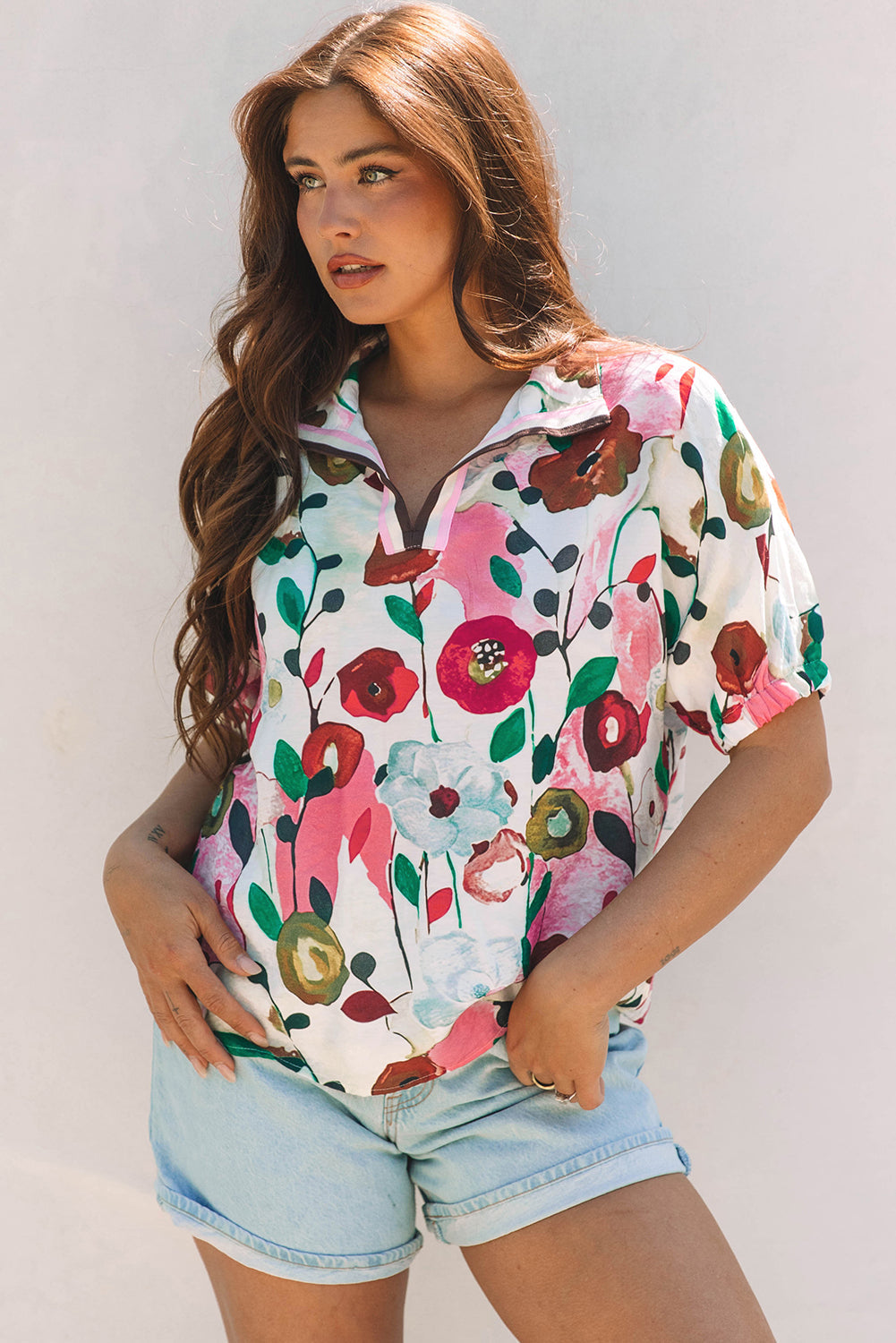 Adele Floral Slit V Neck Blouse - Threaded Pear