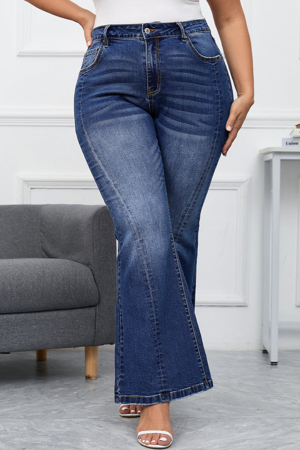 Aila Dark Blue Plus Size Stitching Flare Jeans - Threaded Pear