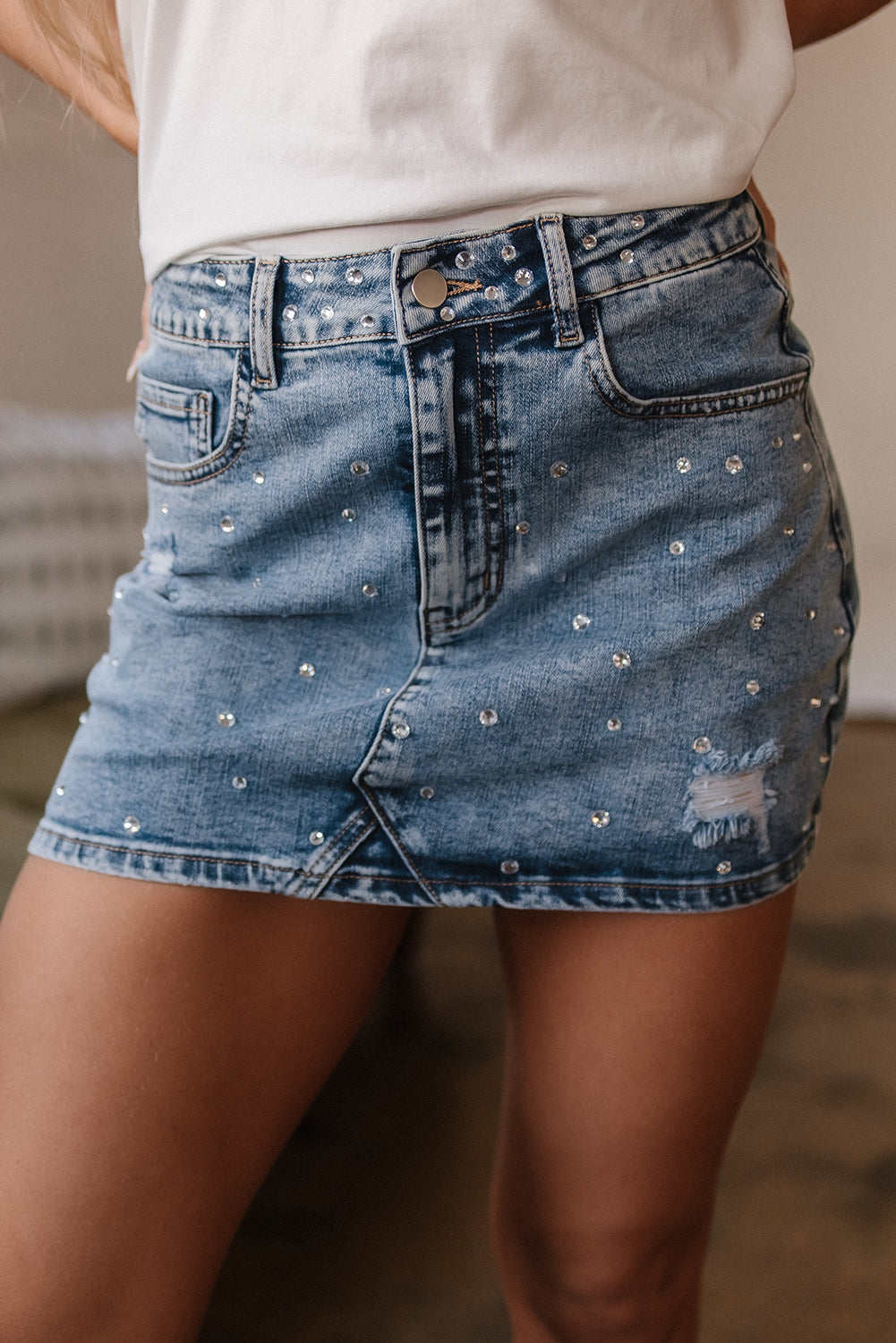 Kamryn Rhinestone Distressed Denim Skirt - Threaded Pear