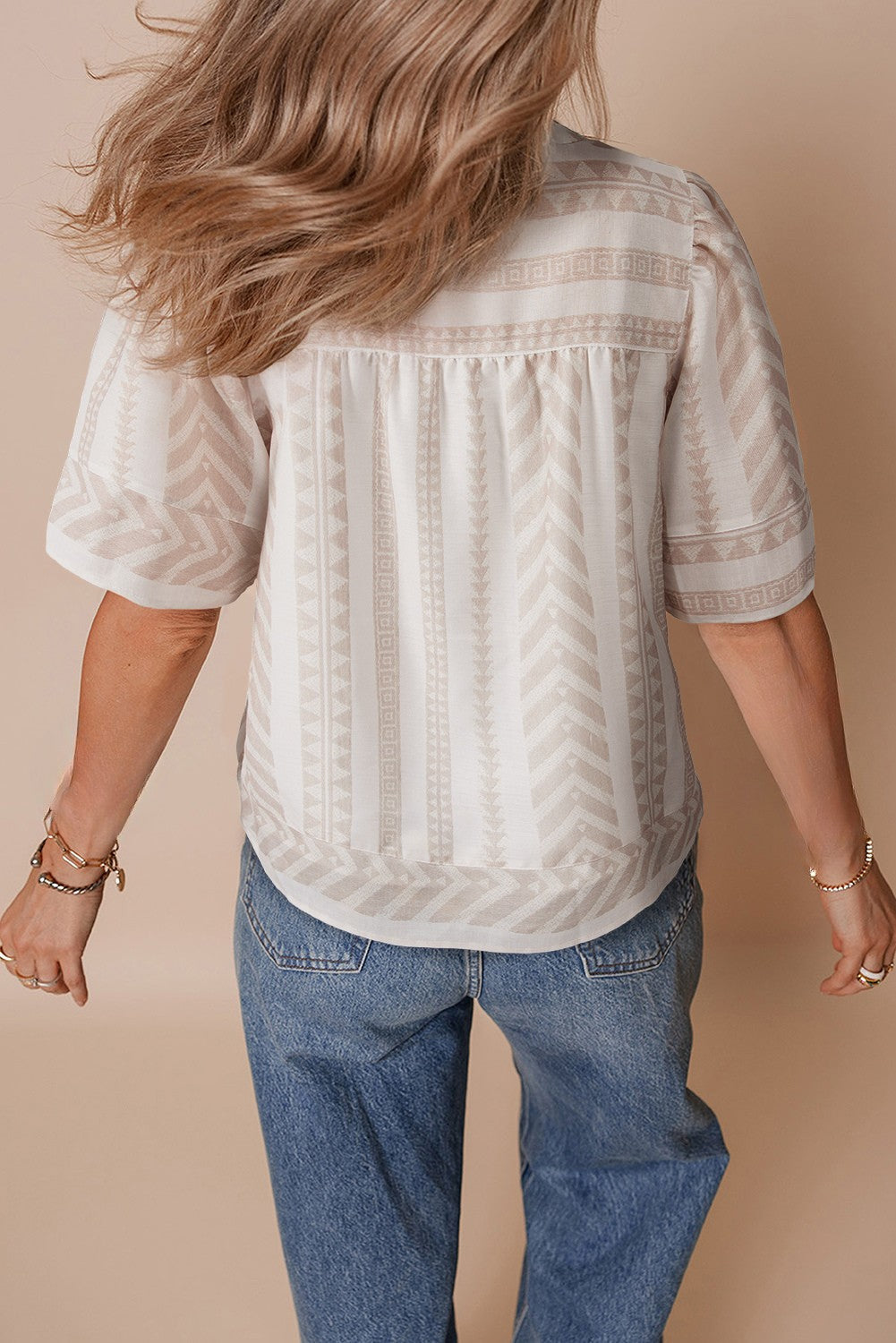 Analia Jacquard Split V Neck Short Sleeve Blouse - Threaded Pear