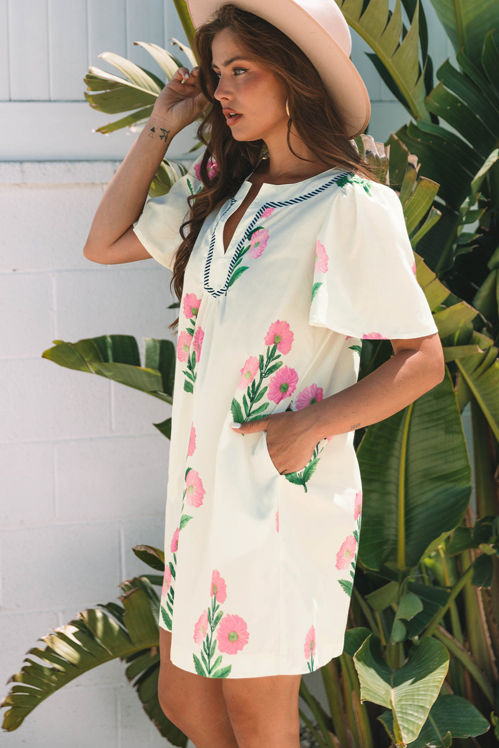 Paloma Floral Short Sleeve Split Neck Loose Mini Dress - Threaded Pear