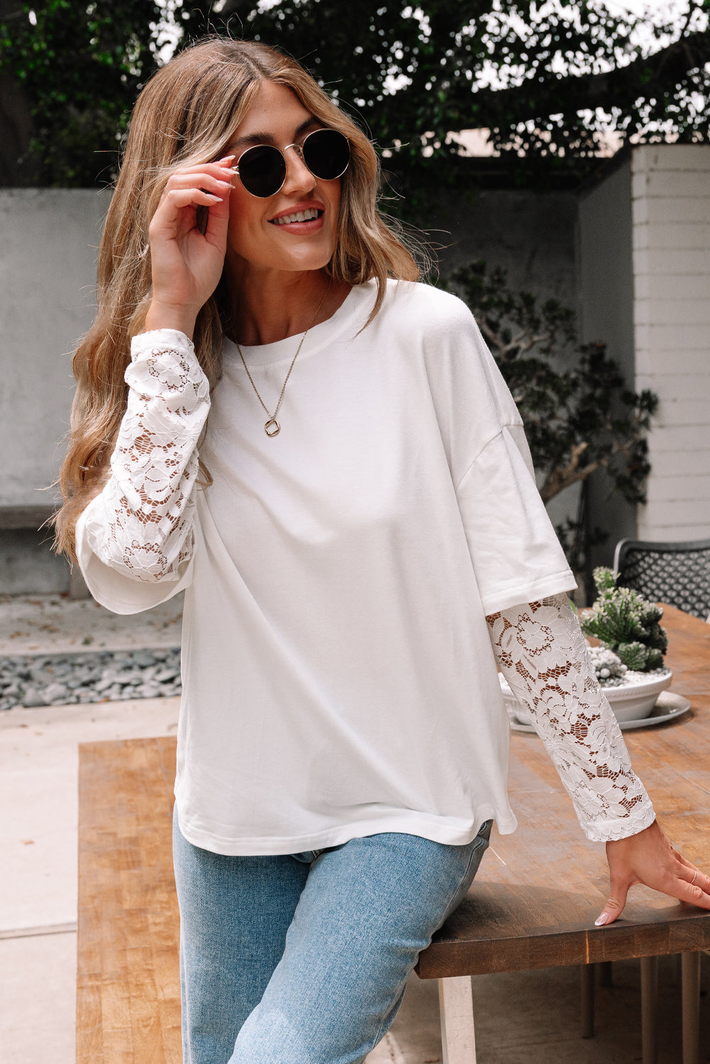 Hallie Lace Long Sleeve Insert Drop Shoulder Top - Threaded Pear