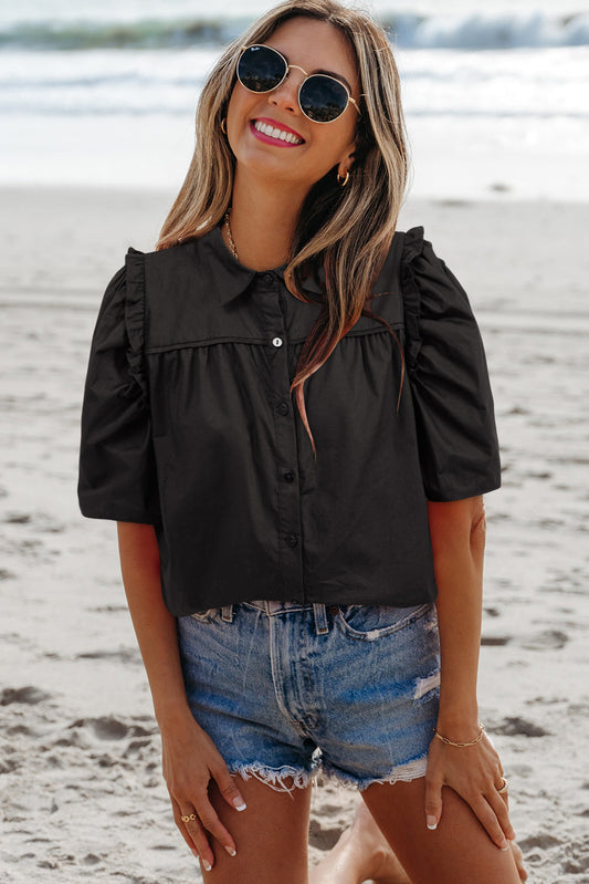 Analeia Frilly Puff Sleeve Stylish Collared Shirt - Threaded Pear