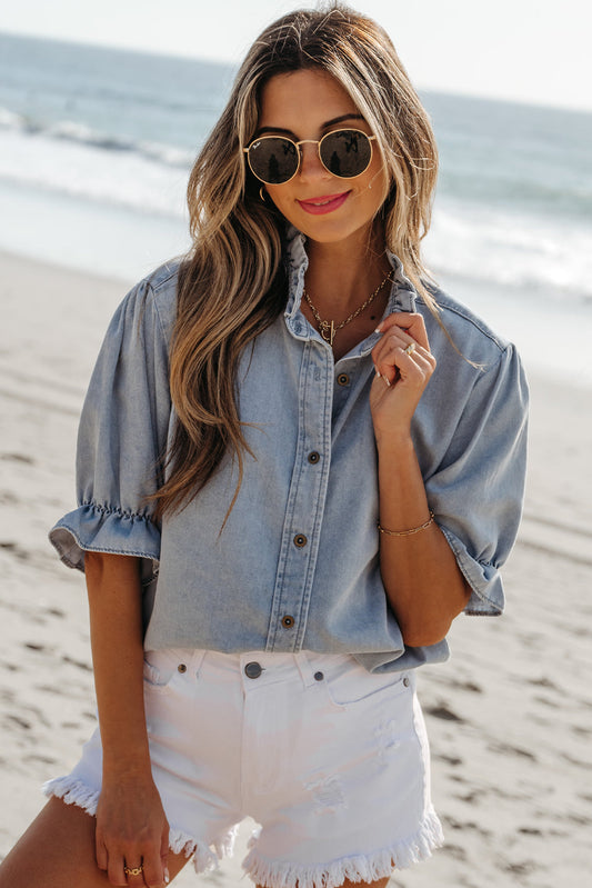Aya Ruffle Short Puff Sleeve Summer Chambray Top - Threaded Pear