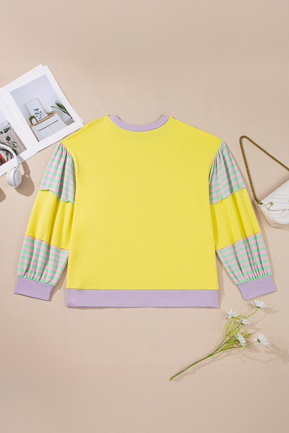 Yellow Striped Color Block Patchwork Crewneck Plus Size Pullover Sweatshirt - Threaded Pear