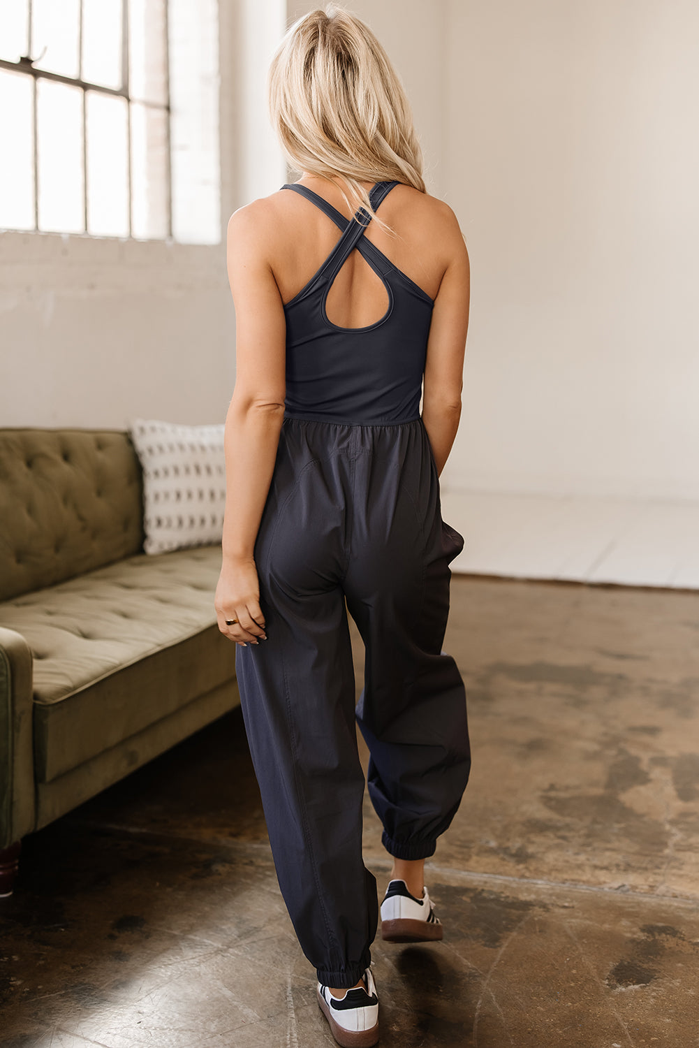 Avianna Back Crossed Straps Hollow Out Jogger Jumpsuit - Threaded Pear