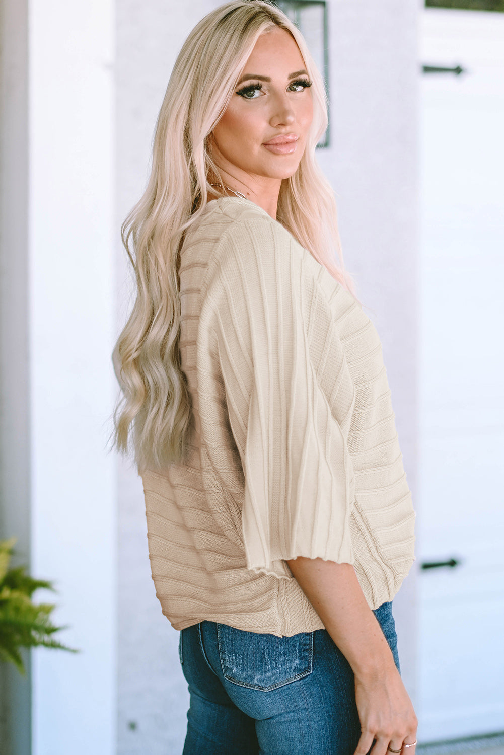 Ella Ribbed Knit Dolman Sweater - Threaded Pear