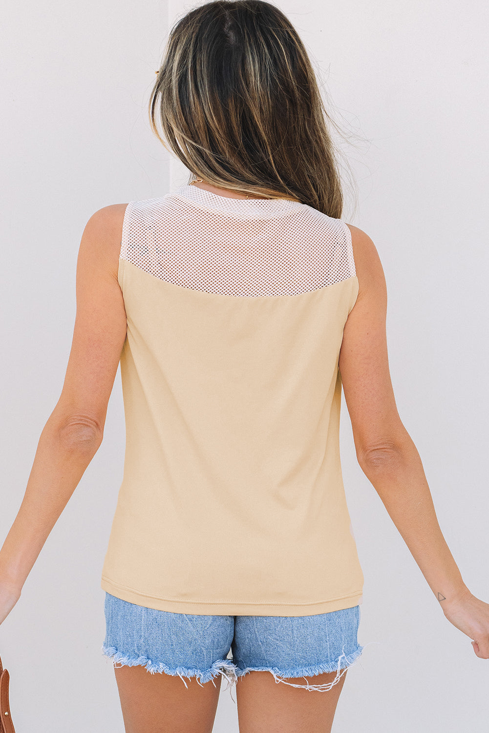 Milena Mesh Patchwork Crew Neck Tank Top - Threaded Pear