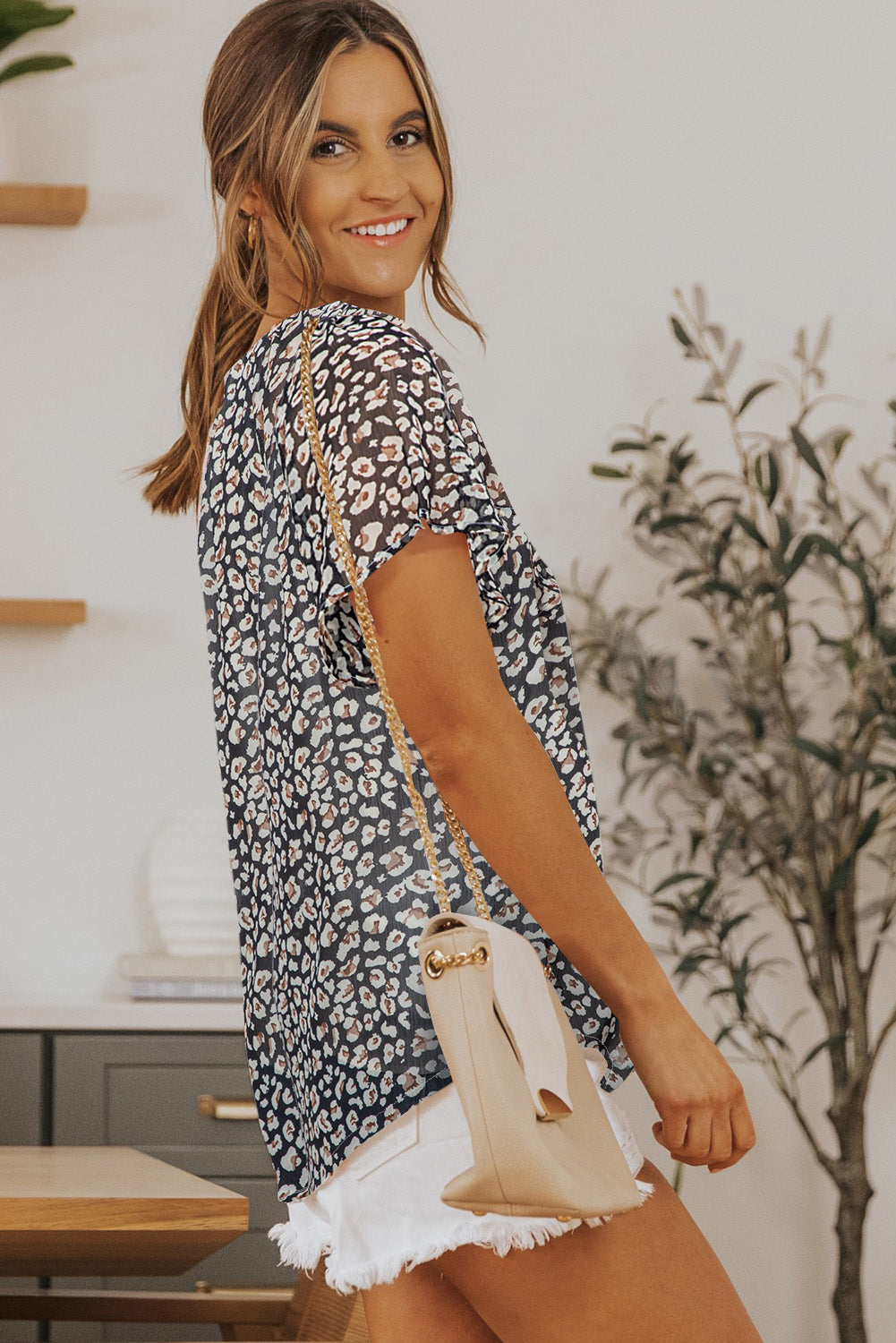 Ellie Flutter Sleeve V Neck Floral Blouse - Threaded Pear