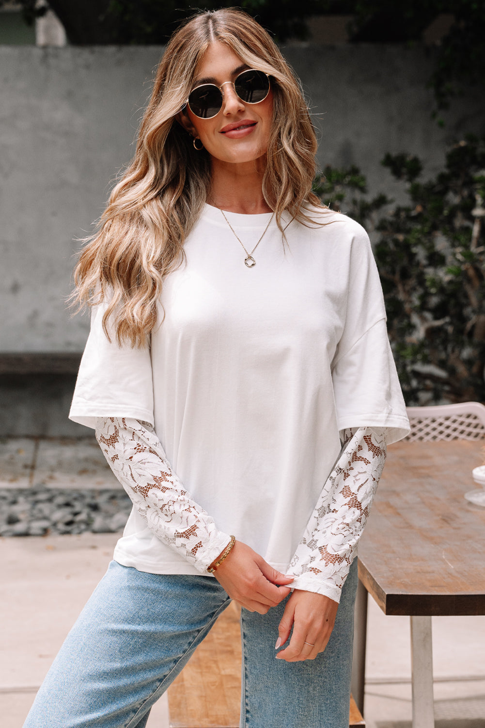 Hallie Lace Long Sleeve Insert Drop Shoulder Top - Threaded Pear