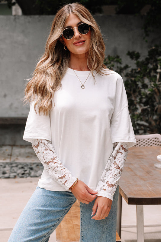 Hallie Lace Long Sleeve Insert Drop Shoulder Top - Threaded Pear