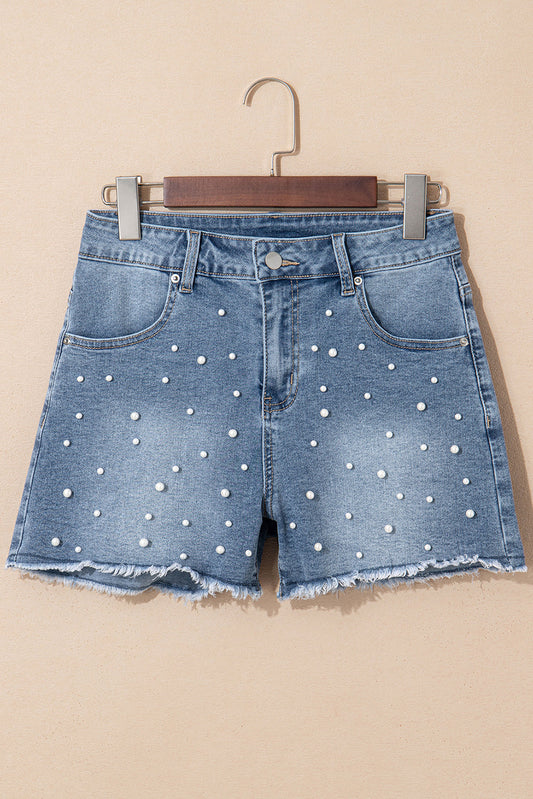 Amelie Pearl Beaded Raw Hem Medium Wash Denim Shorts - Threaded Pear