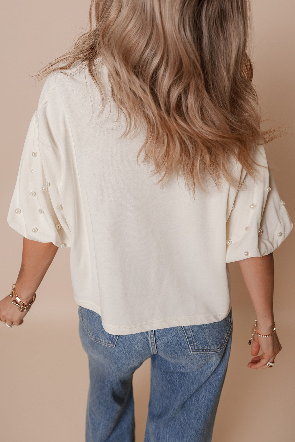 Sylvia Pearled Puff Sleeve Loose Top - Threaded Pear
