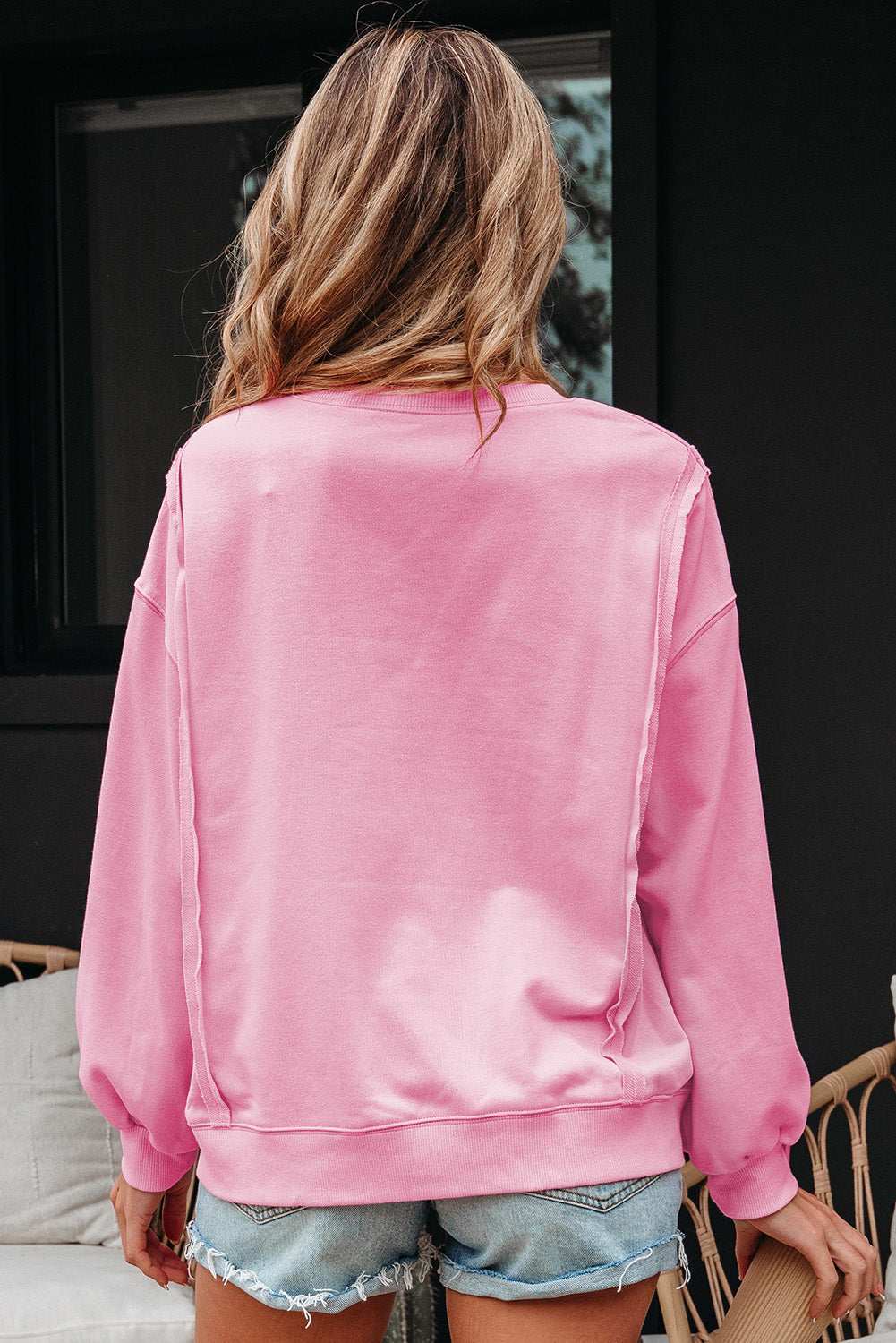 Brianna Lace Bow Embroidered Exposed Seam Sweatshirt - Threaded Pear