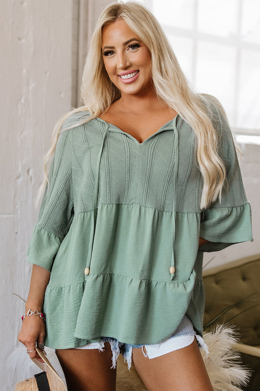 Ensley Tie Split Neck Textured Ruffle Patchwork Blouse - Threaded Pear