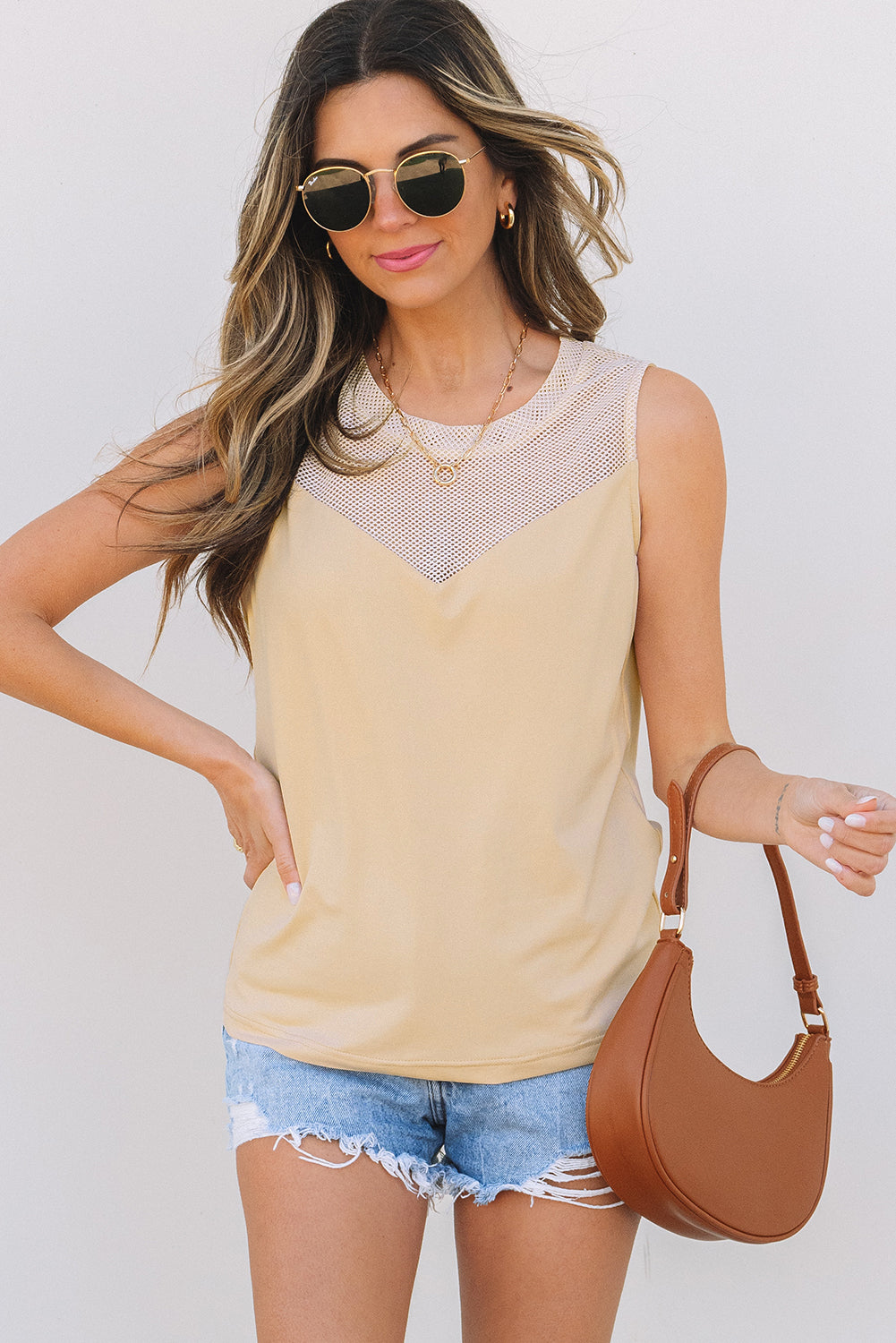 Milena Mesh Patchwork Crew Neck Tank Top - Threaded Pear