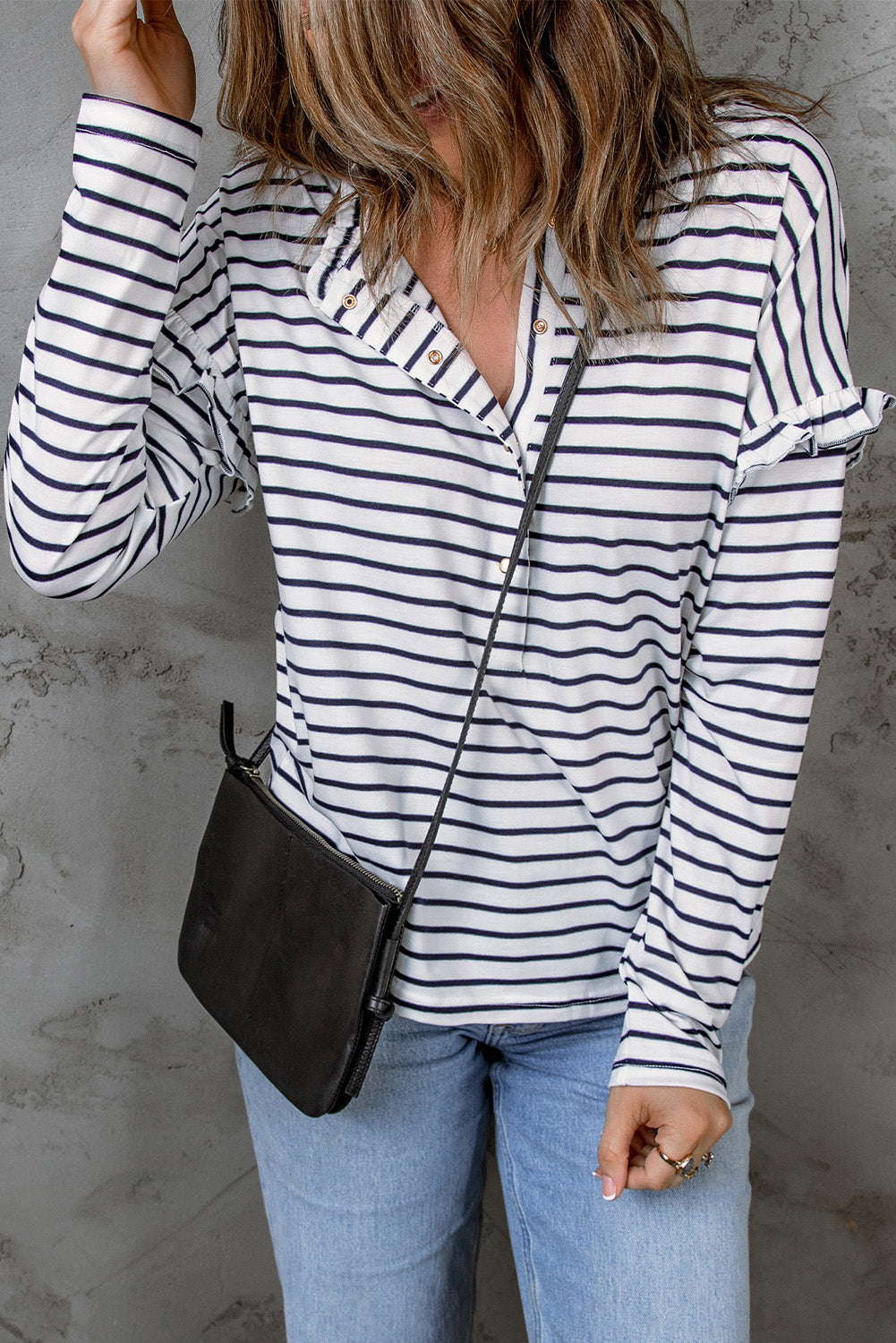 Emryn Striped Ruffled Buttoned Long Sleeve Top - Threaded Pear