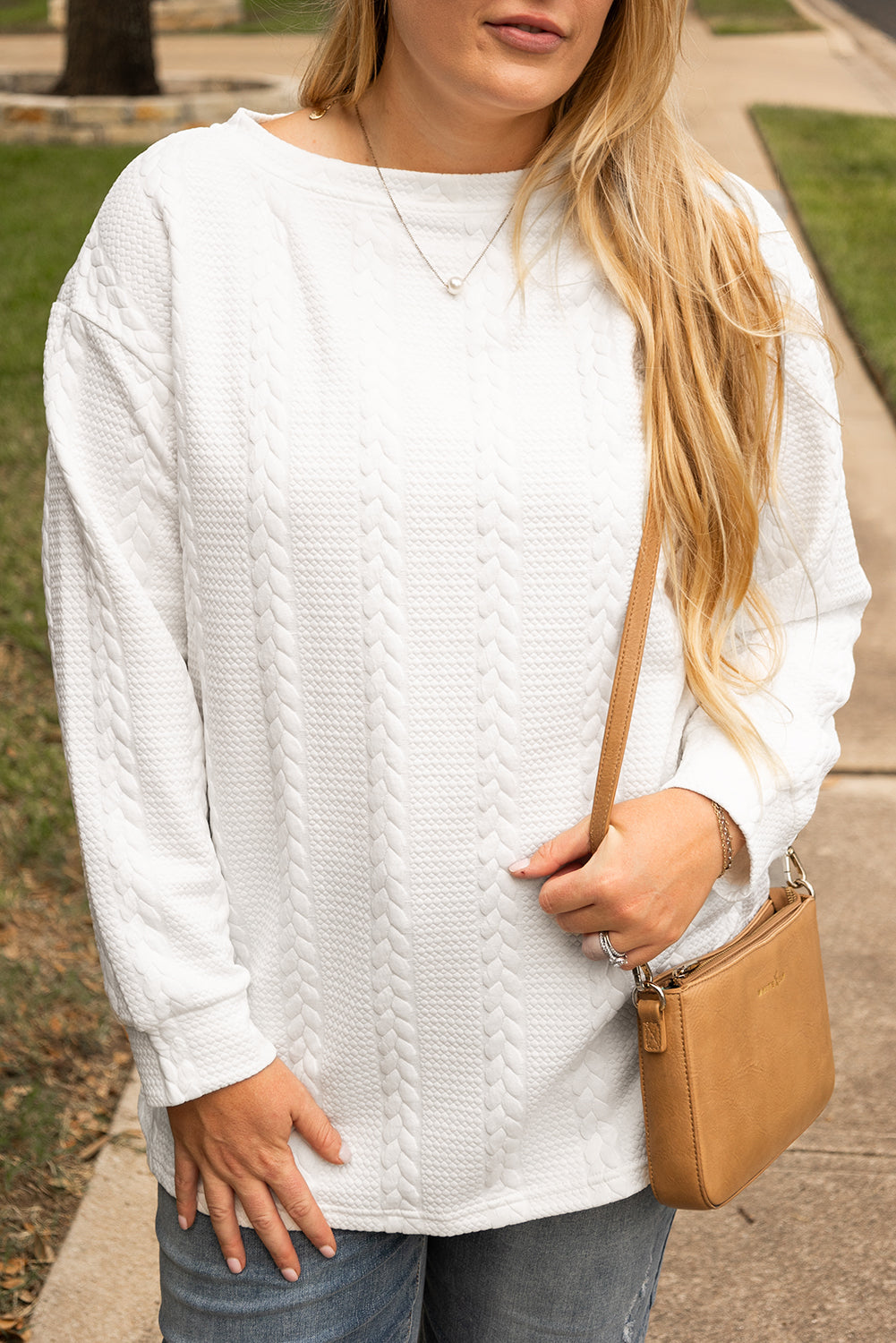 White Cable Textured Loose Plus Size Sweatshirt - Threaded Pear