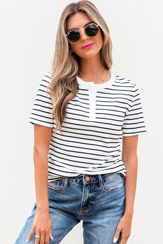 Marleigh Stripe Textured Buttoned Henley Top - Threaded Pear