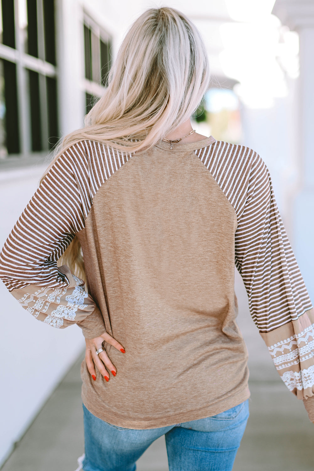 Harper Striped Patchwork Loose Long Sleeve Top - Threaded Pear