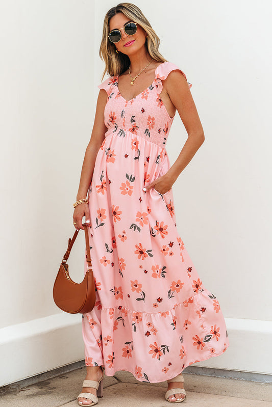 Clare Floral High Waist Ruffle Hem Long Dress - Threaded Pear