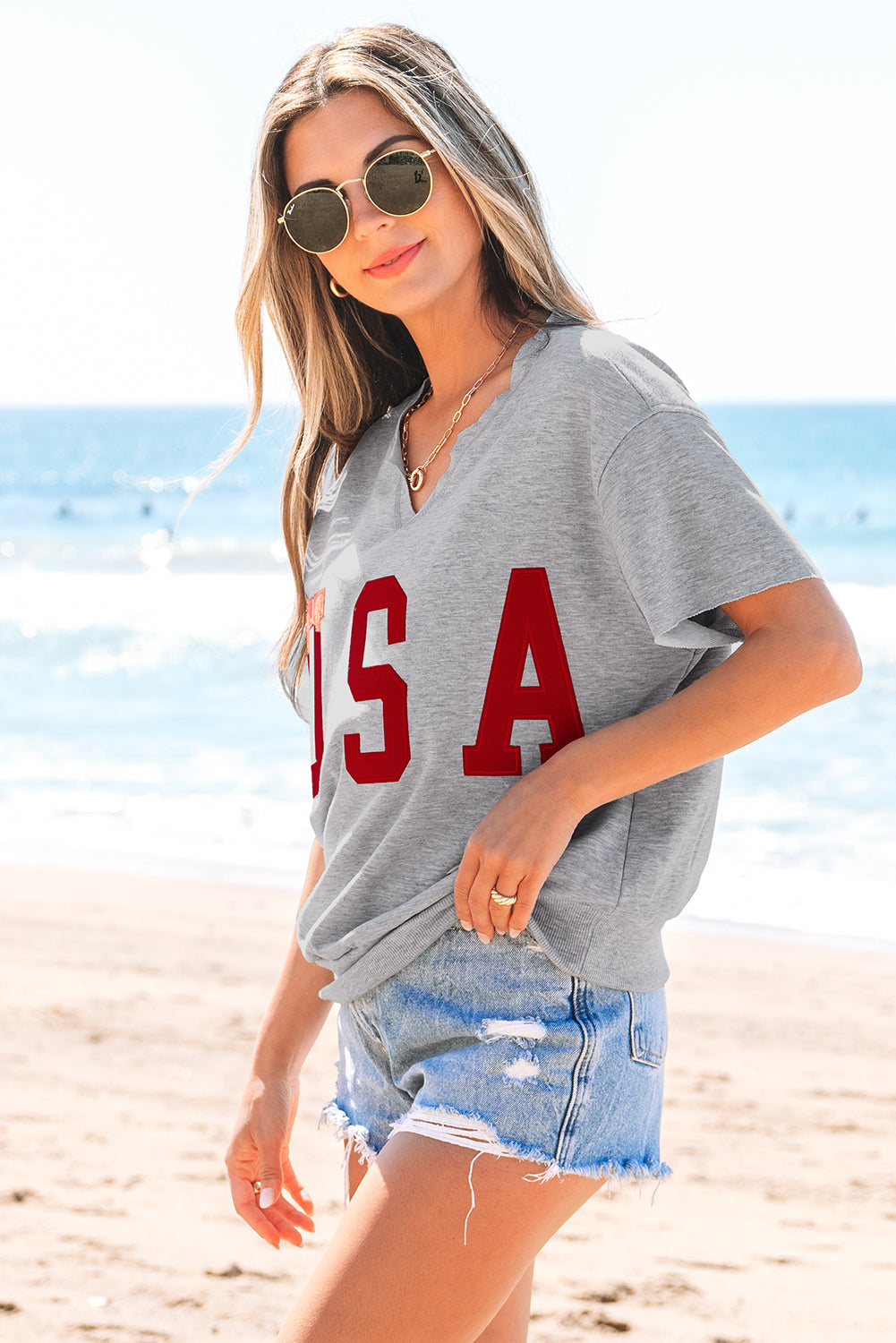 USA Patch Notched Neck Loose Tee - Threaded Pear