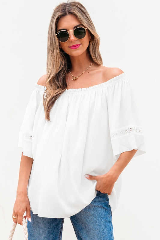 Bellamy Frilly Off Shoulder Lace Insert Sleeve Textured Blouse - Threaded Pear