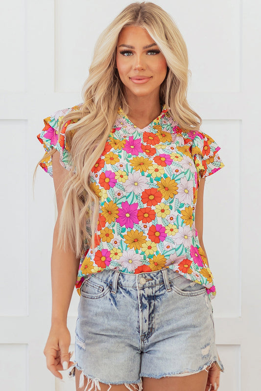Leslie Floral Shirred Tiered Ruffled Sleeve Blouse - Threaded Pear