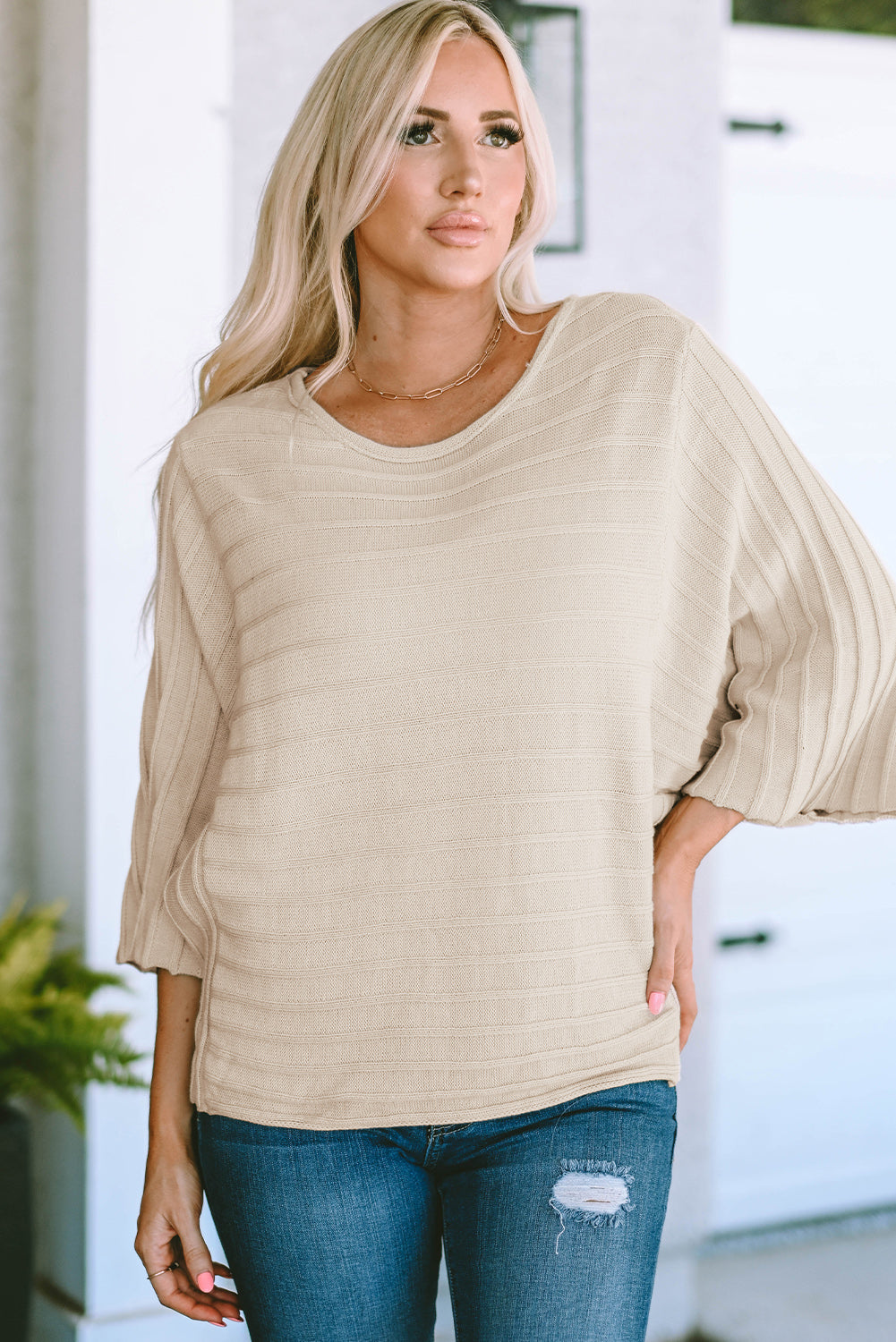 Ella Ribbed Knit Dolman Sweater - Threaded Pear