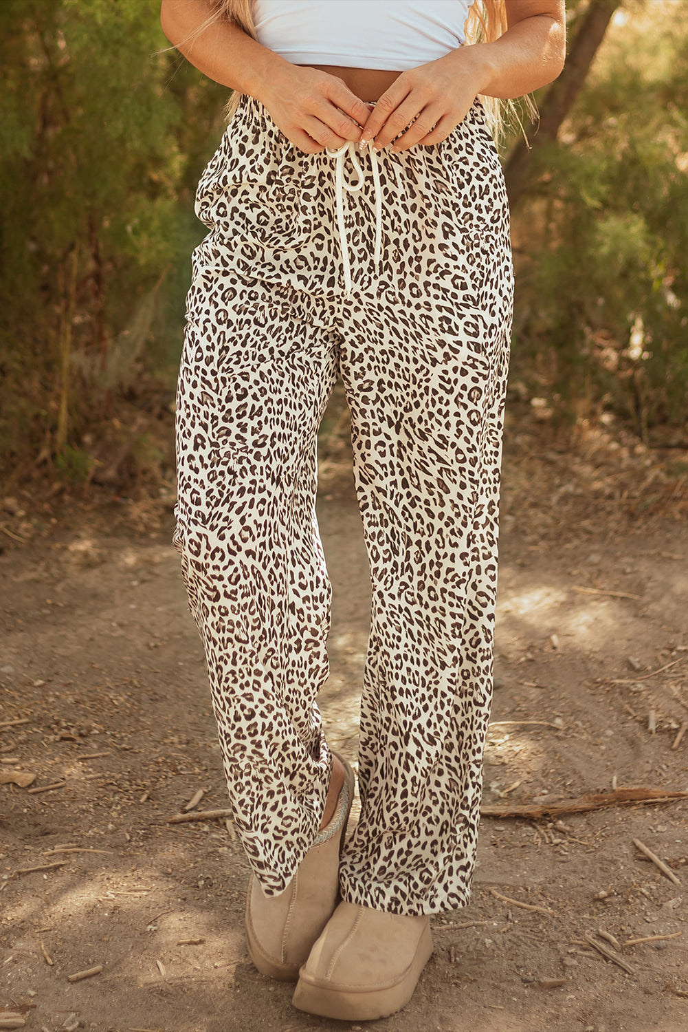 Mabel Leopard Drawstring Elastic Waistband Loose Pants - Threaded Pear