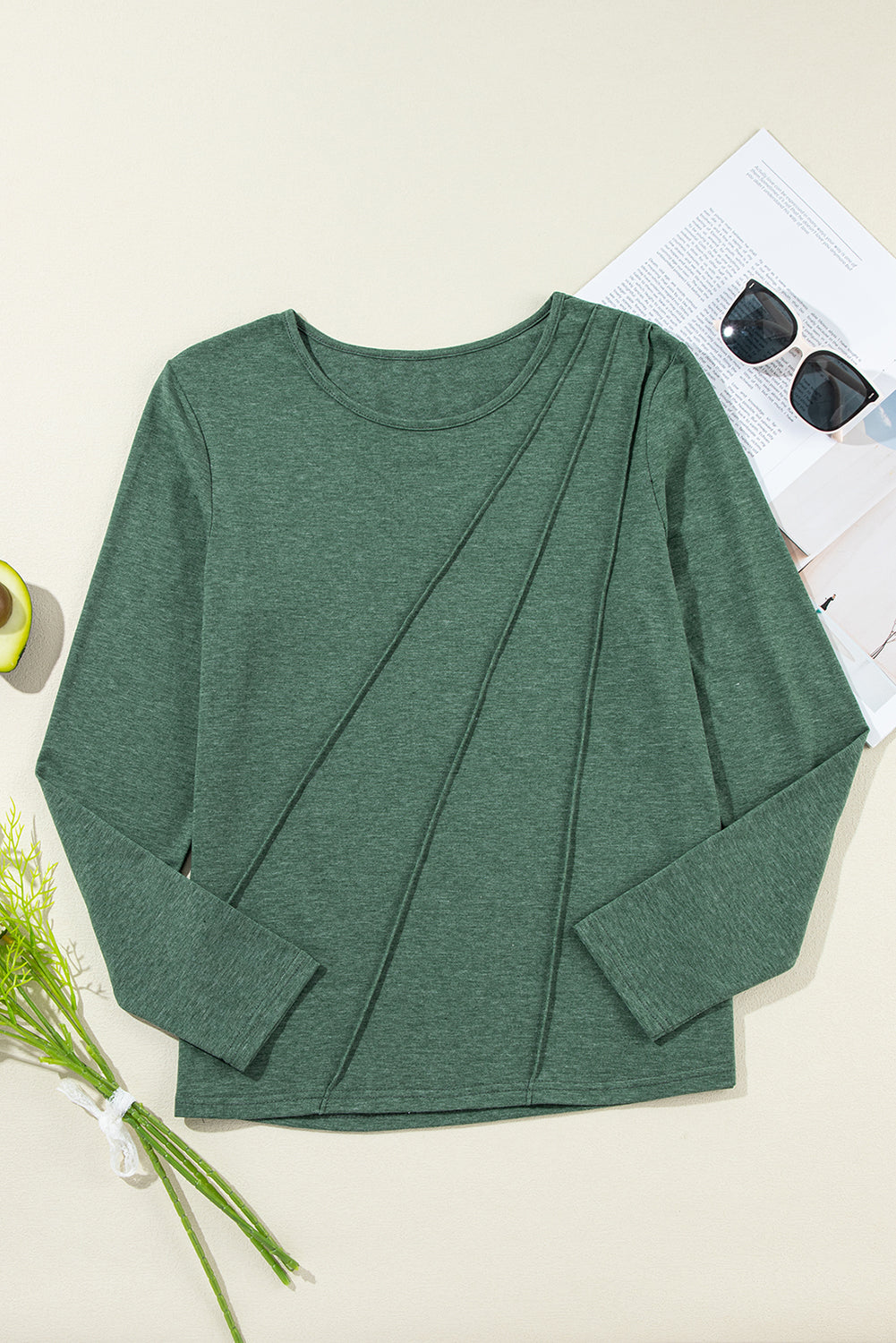 Anna Asymmetric Seam Detail Long Sleeve Top - Threaded Pear