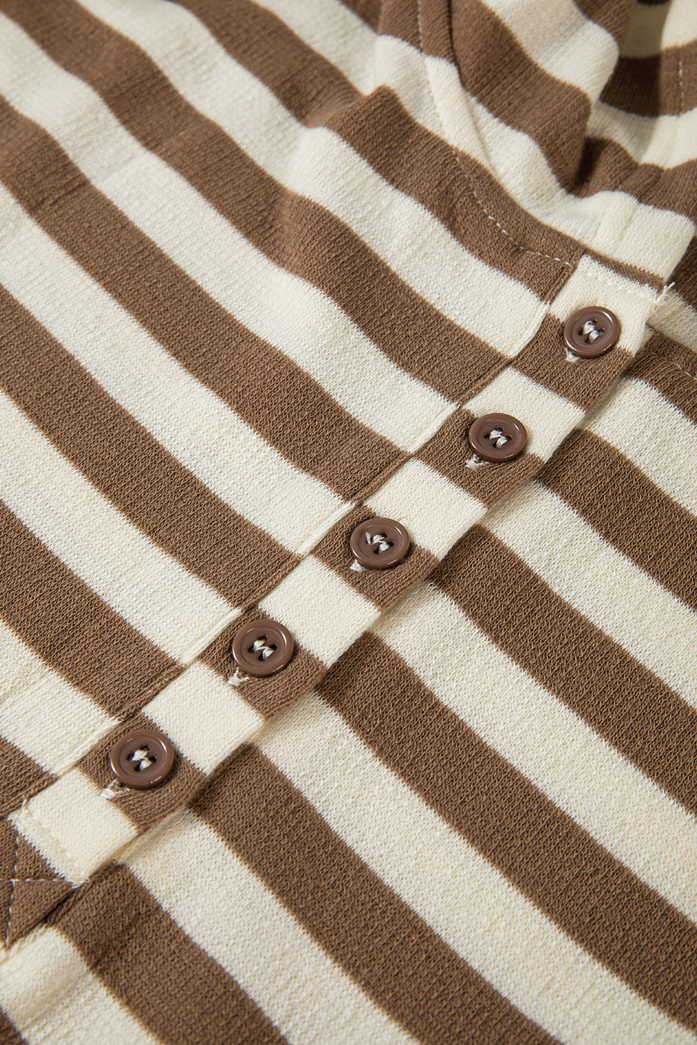 Brown Stripe Quarter Buttons Drop Sleeve Plus Size Hoodie - Threaded Pear