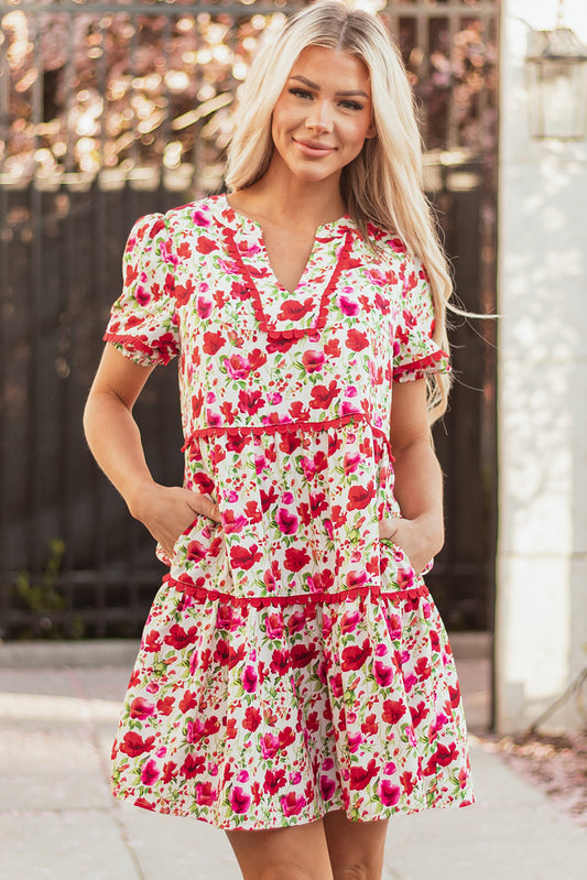 Ruby Floral Puff Sleeve Tiered Ric Rac Pocketed Mini Dress - Threaded Pear