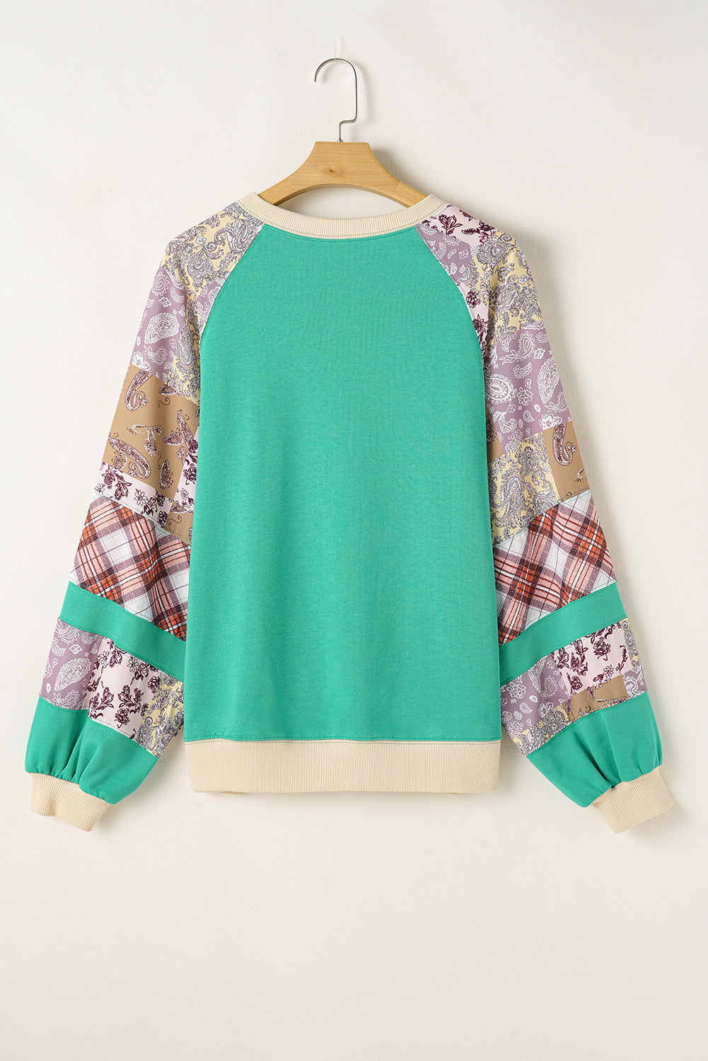 Sky Blue Plus Size Plaid Floral Patchwork Raglan Sleeve Sweatshirt - Threaded Pear