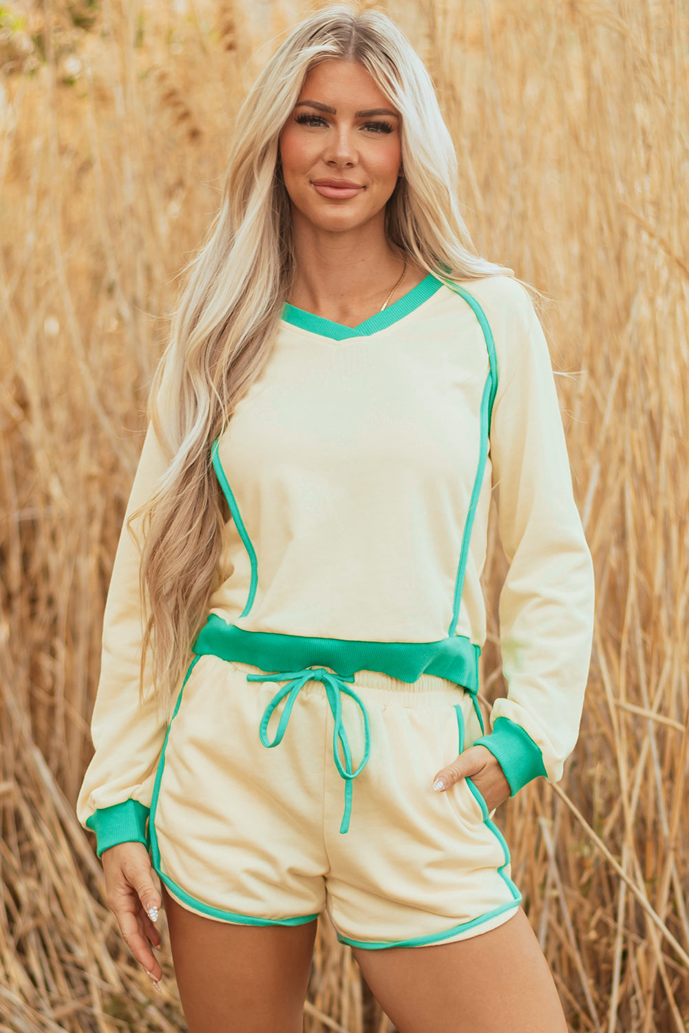 Wren Long Sleeve Pullover and Drawstring Shorts Outfit - Threaded Pear