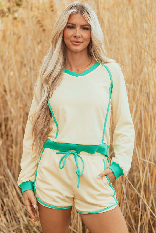 Wren Long Sleeve Pullover and Drawstring Shorts Outfit - Threaded Pear