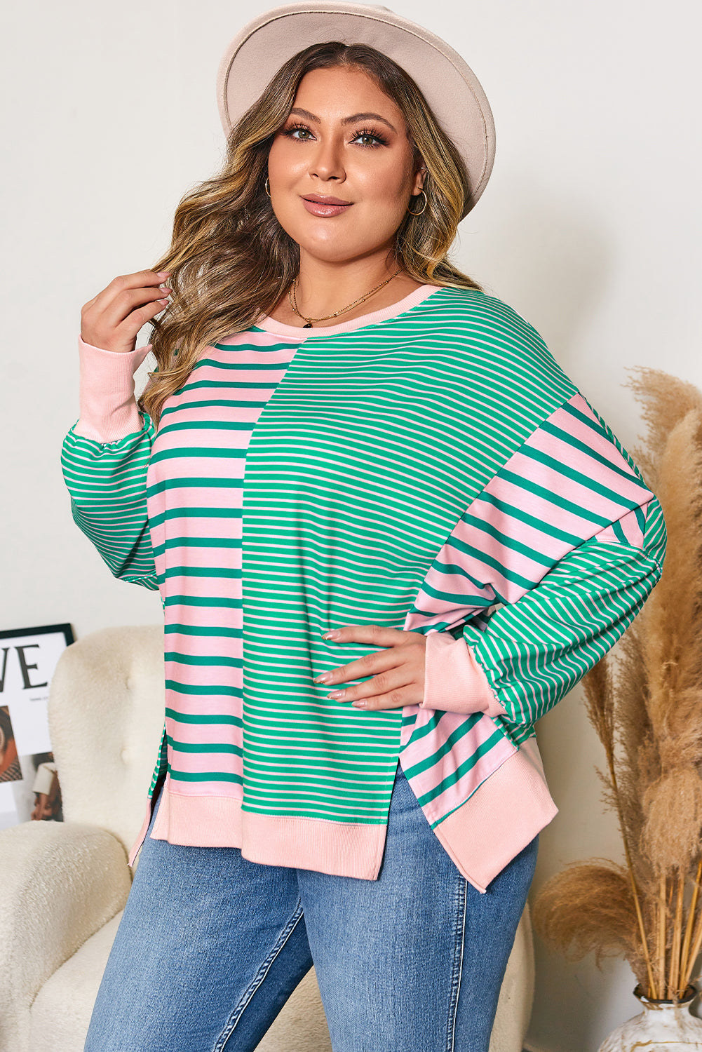 Green Stripe Color Block Exposed Seam Side Slit Plus Size Sweatshirt - Threaded Pear