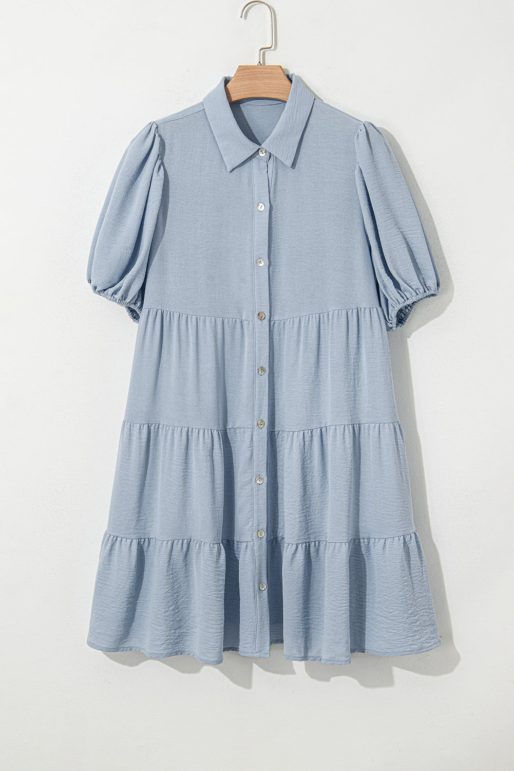 Arya Shirt Collar Button Up Puff Sleeve Tiered Dress - Threaded Pear