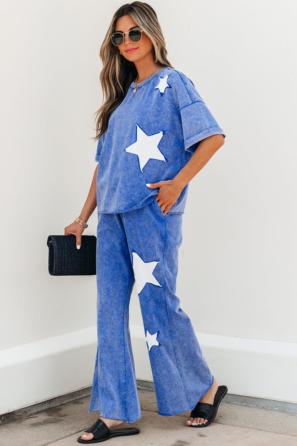 Arabella Acid Wash Star Patched Rolled Trim Pants Set - Threaded Pear