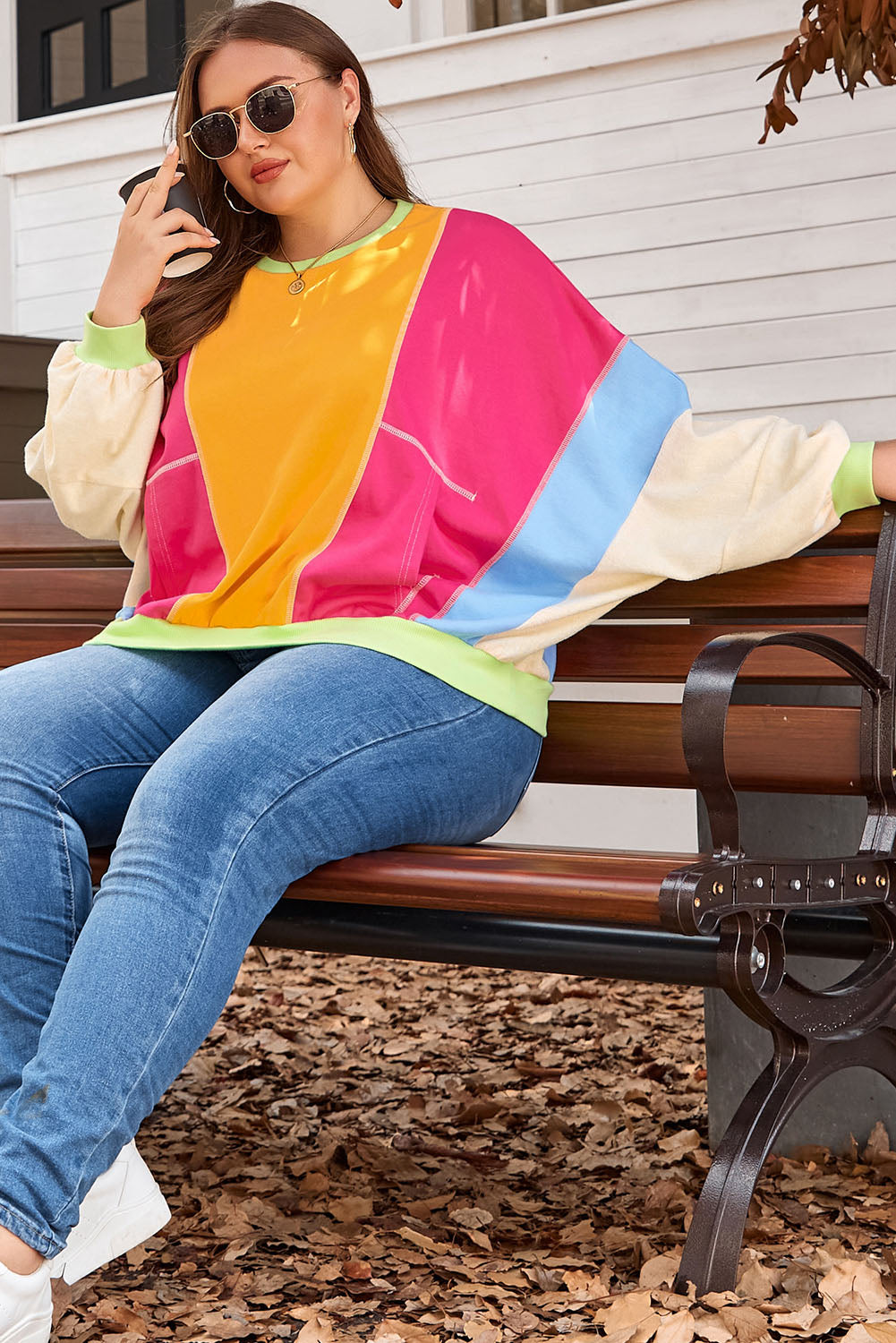 Rose Red Plus Size Colorblock Patchwork Exposed Seam Sweatshirt - Threaded Pear