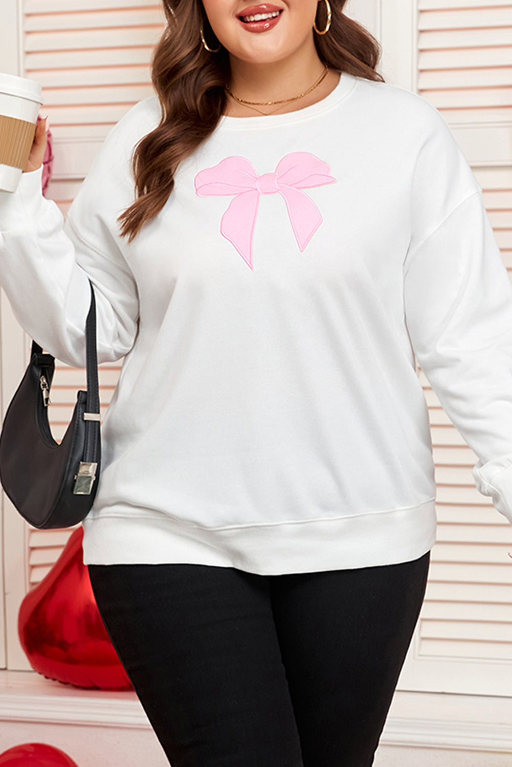 Beige Big Bow Accent Plus Size Drop Shoulder Sweatshirt - Threaded Pear