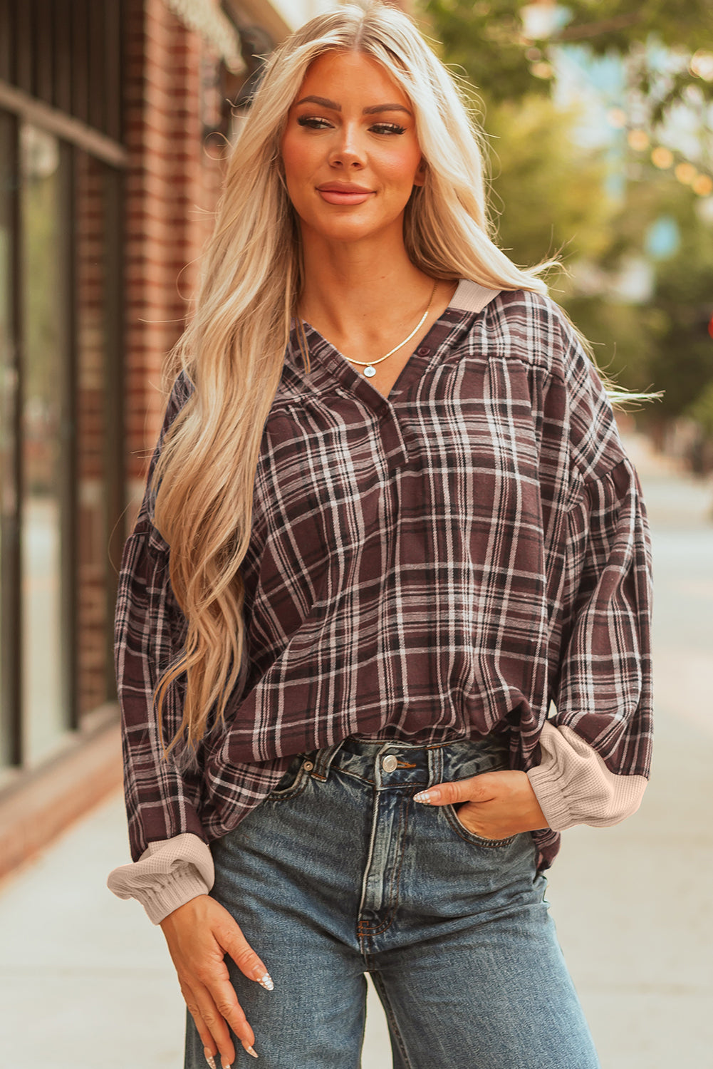 Lauren Plaid Patchwork Long Sleeve Hooded Top - Threaded Pear