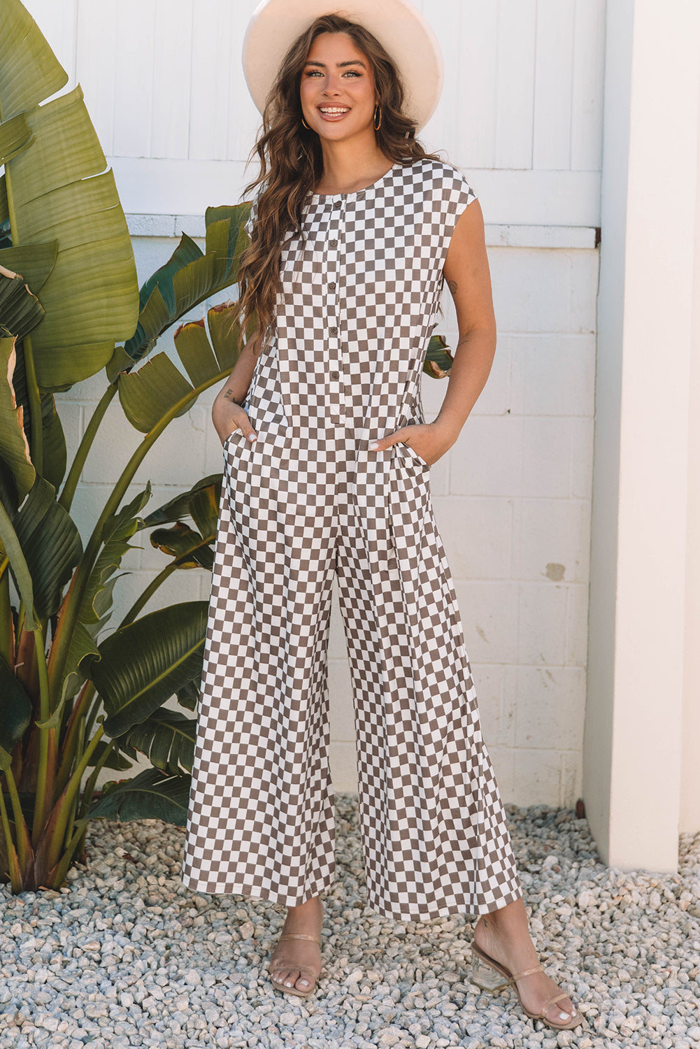 Paisley Checkered Buttoned Crew Neck Wide Leg Jumpsuit - Threaded Pear