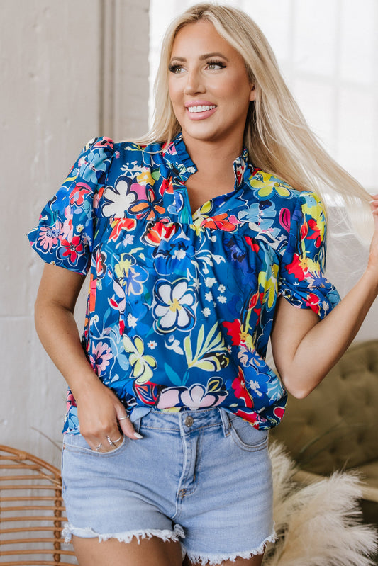 Ainara Flower Puff Short Sleeve Loose Blouse - Threaded Pear