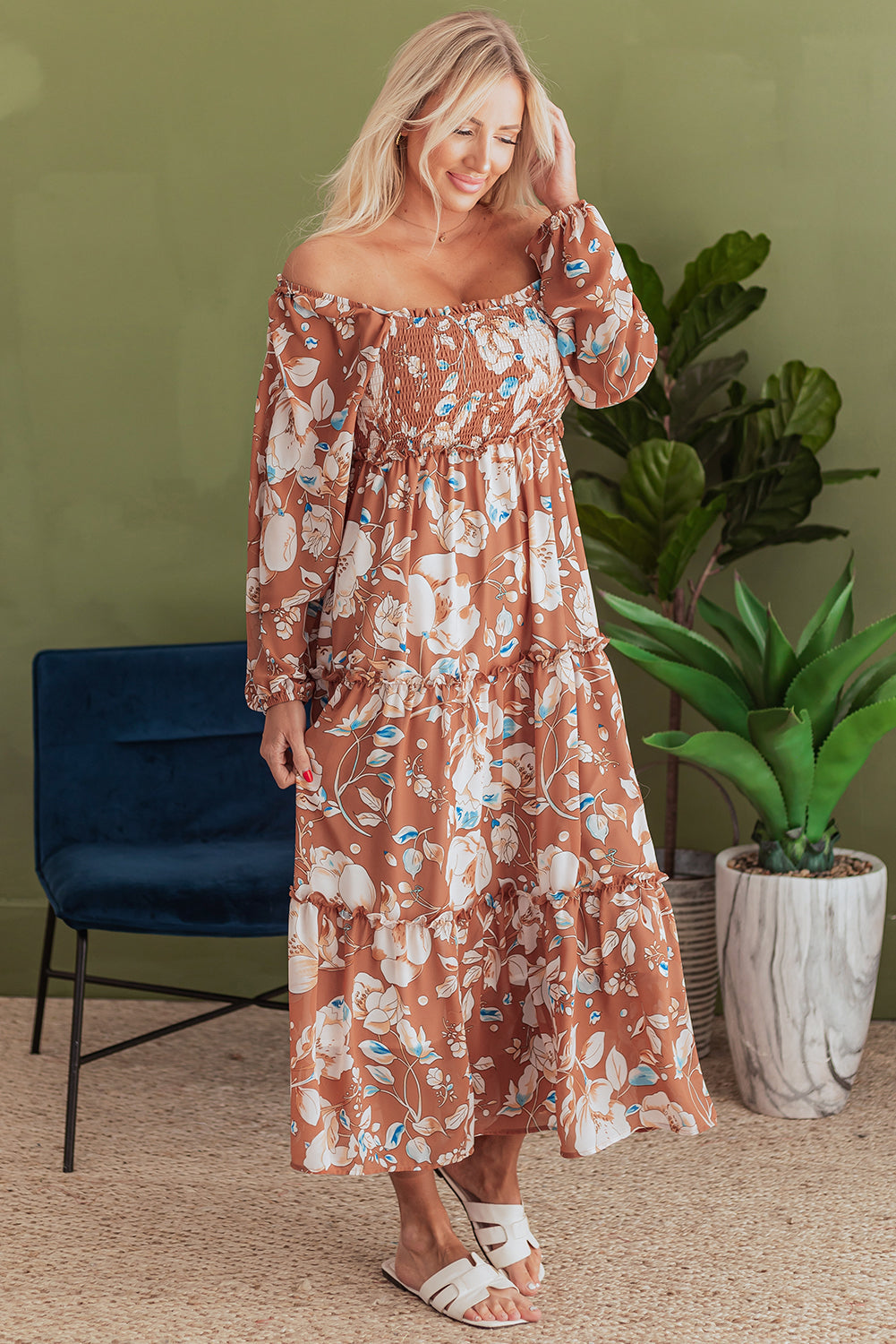 Willow Floral Shirred Square Neck High Waist Maxi Dress - Threaded Pear